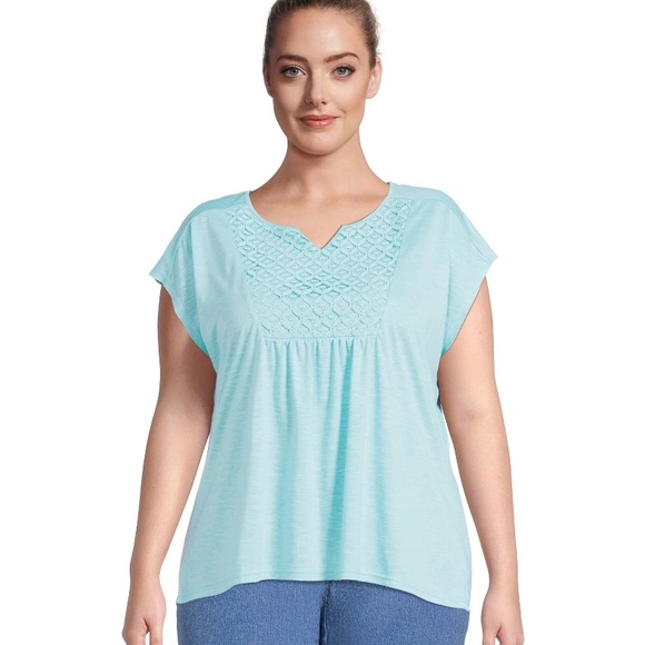 REAL SIZE Womens Semi Loose Top Size 3X Turquoise Crocheted Neckline NWOT - Picture 4 of 8